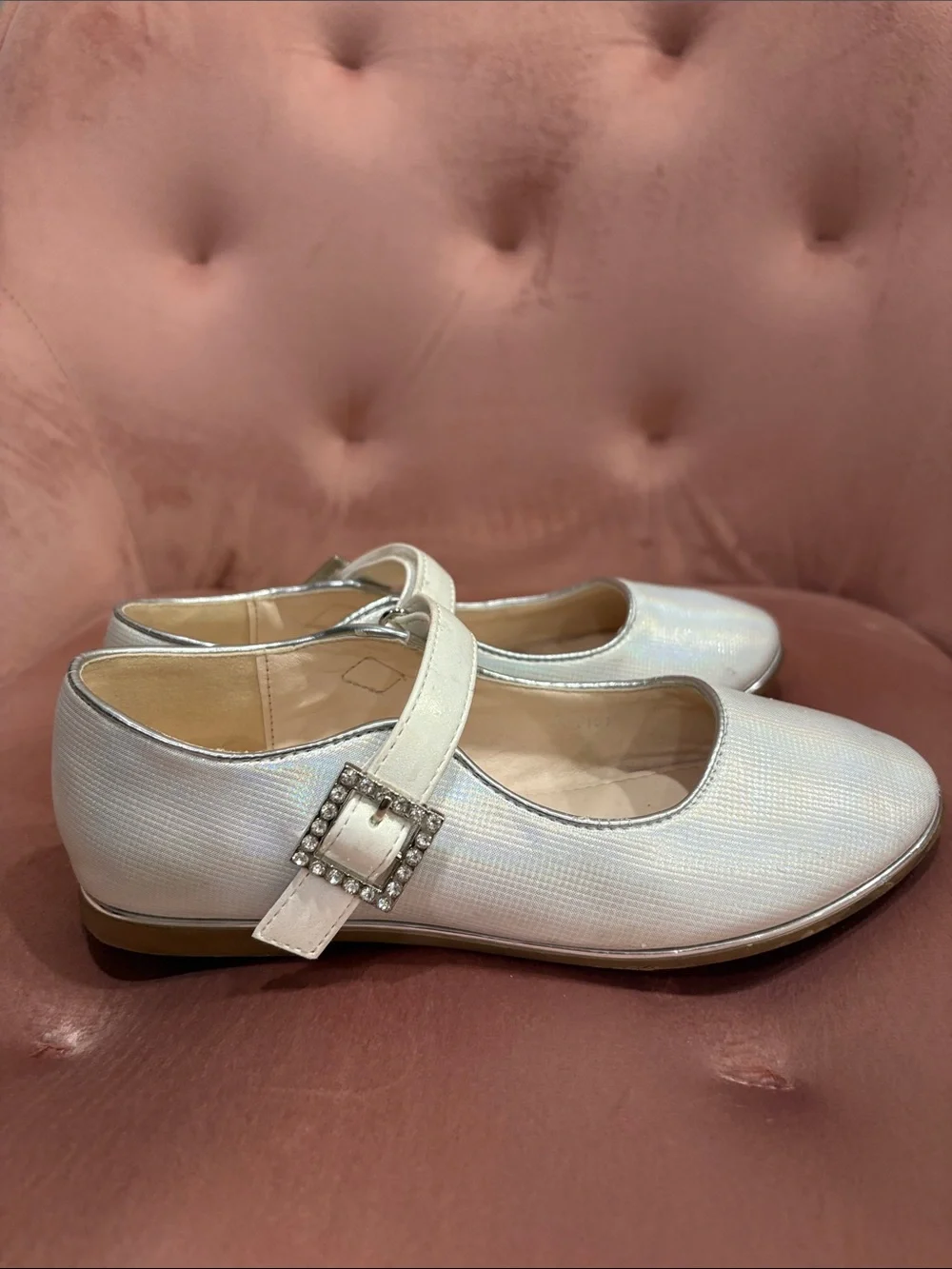 Doralle Italian Ivory Mary Jane Flats with Rhinestone Buckle 32 1